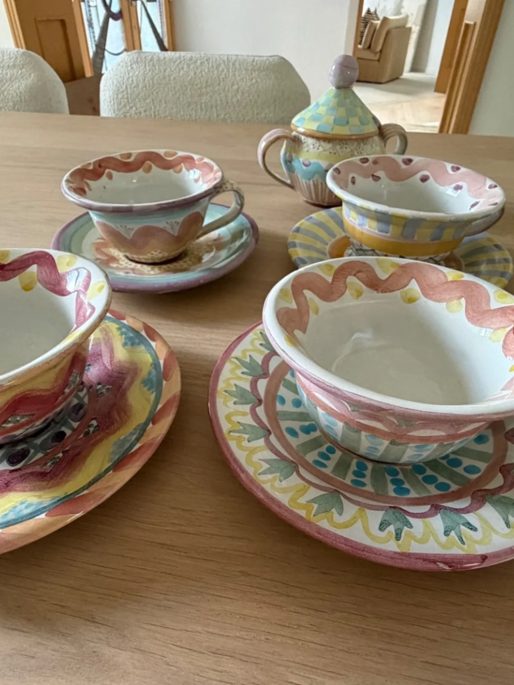 Mackenzie Childs Vintage Coffee Cup, Saucer, Creamer and Sugar Jar Set